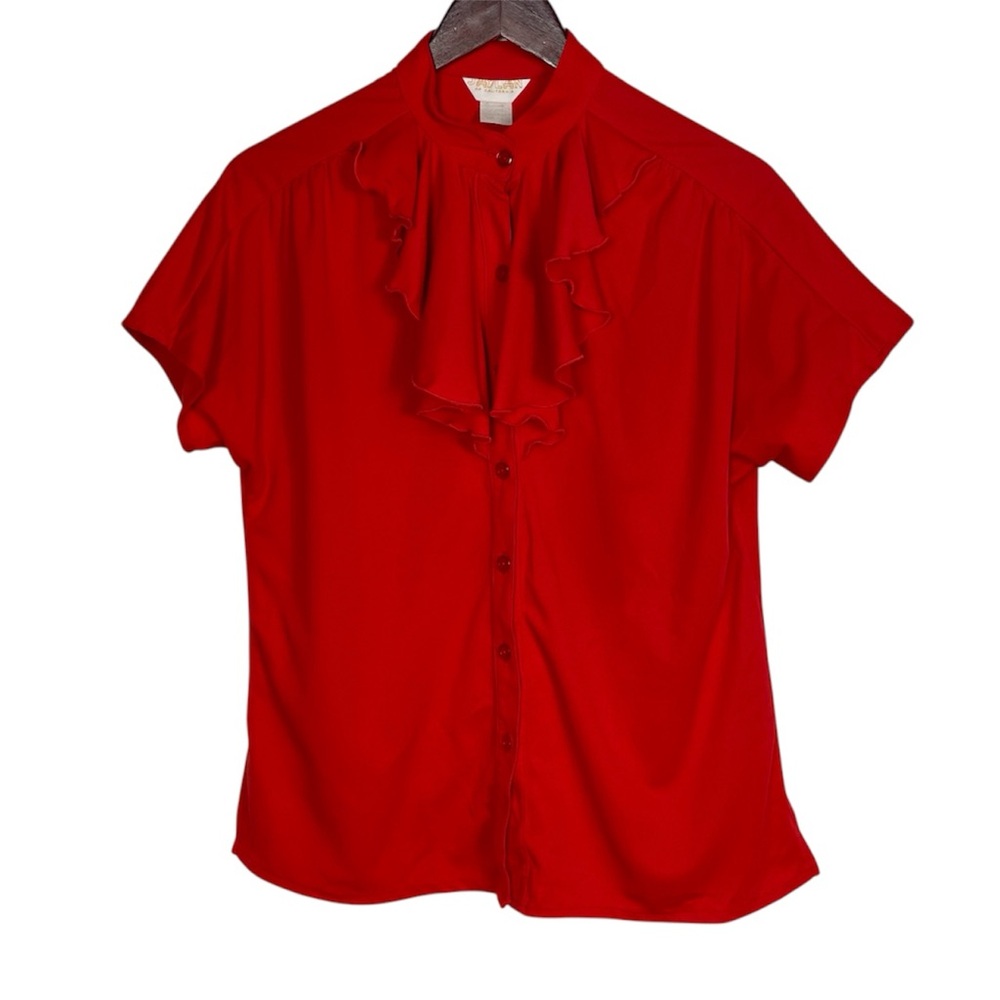 Vintage Jaylan of California Red Button Down Blouse w/ Ruffle Neck